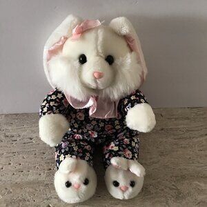 White Bunny Rabbit Stuffed Animal Plush Slippers Black Pink Floral Easter VTG